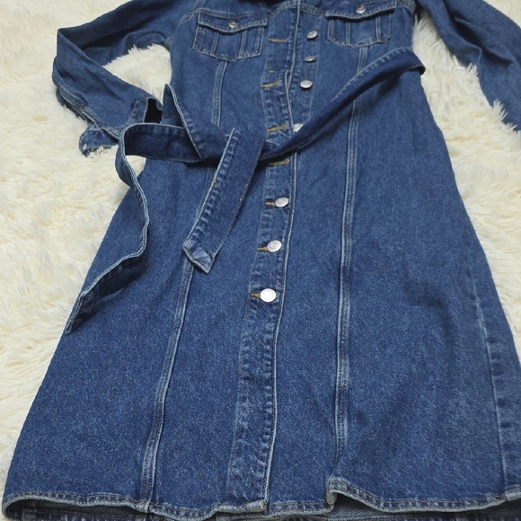 Zara Zw Blue Denim Belted Dress - Picture 5 of 9